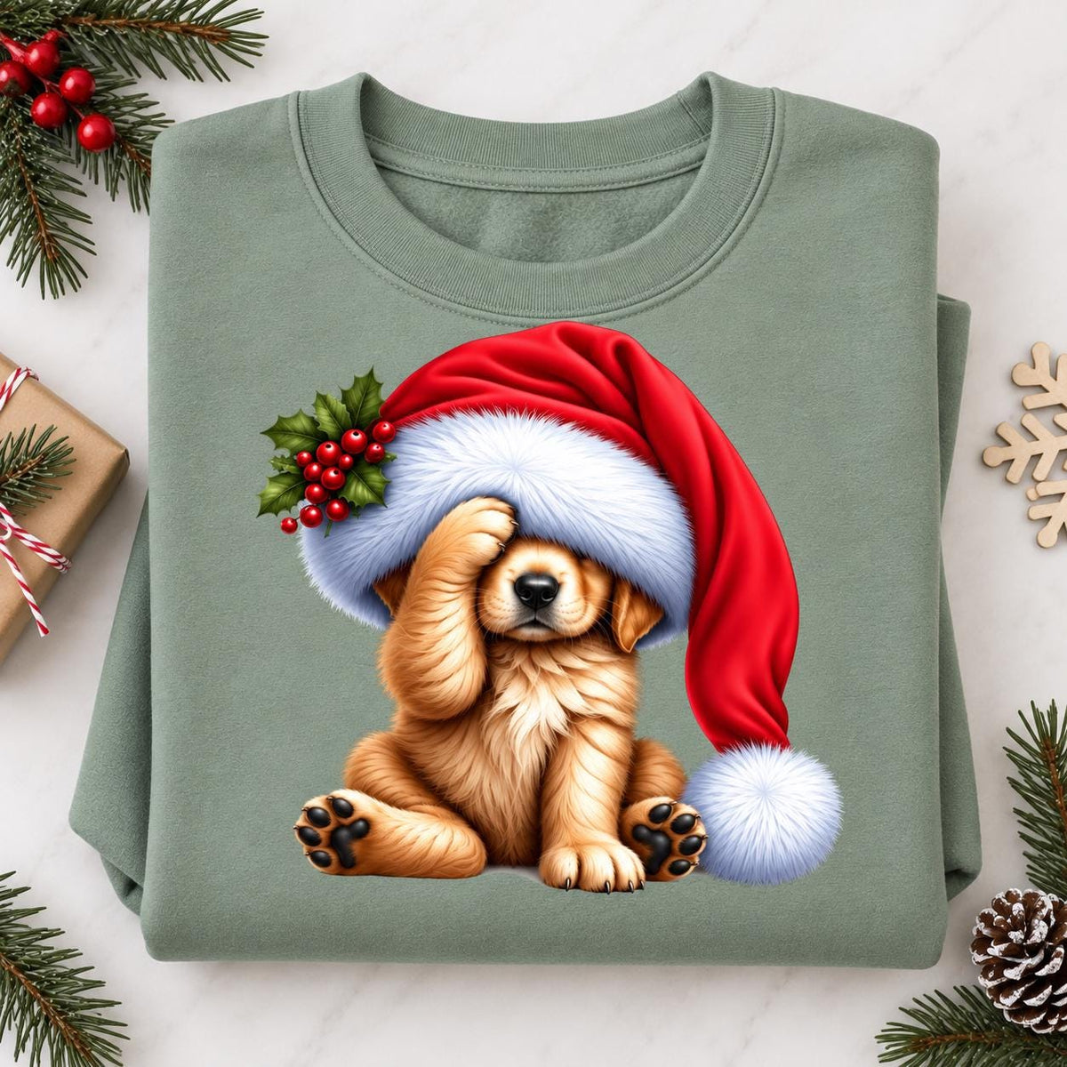 Folded sage Christmas puppy sweatshirt featuring a golden dog beneath an oversized red Santa hat.