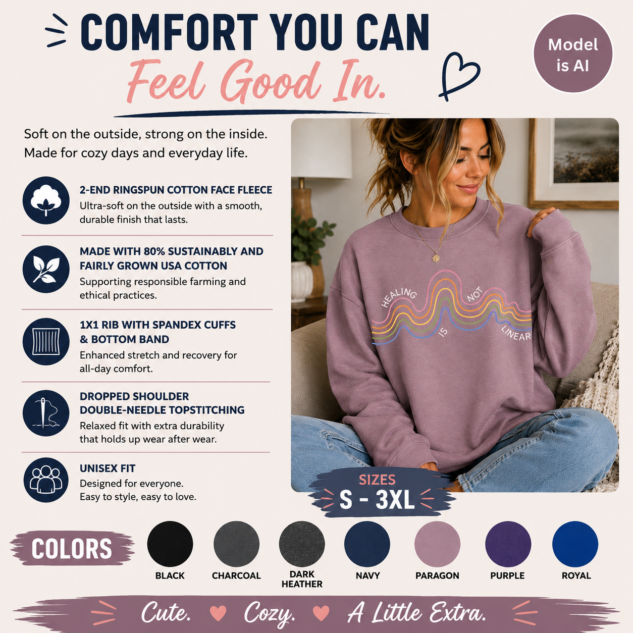 A promotional product graphic for a Comfort You Can pullover sweater. The layout features a model wearing a lavender-purple sweater with a rainbow graphic and 'LOVE' text, alongside product specifications, sizing info (S-3XL), and a color palette showing multiple options.