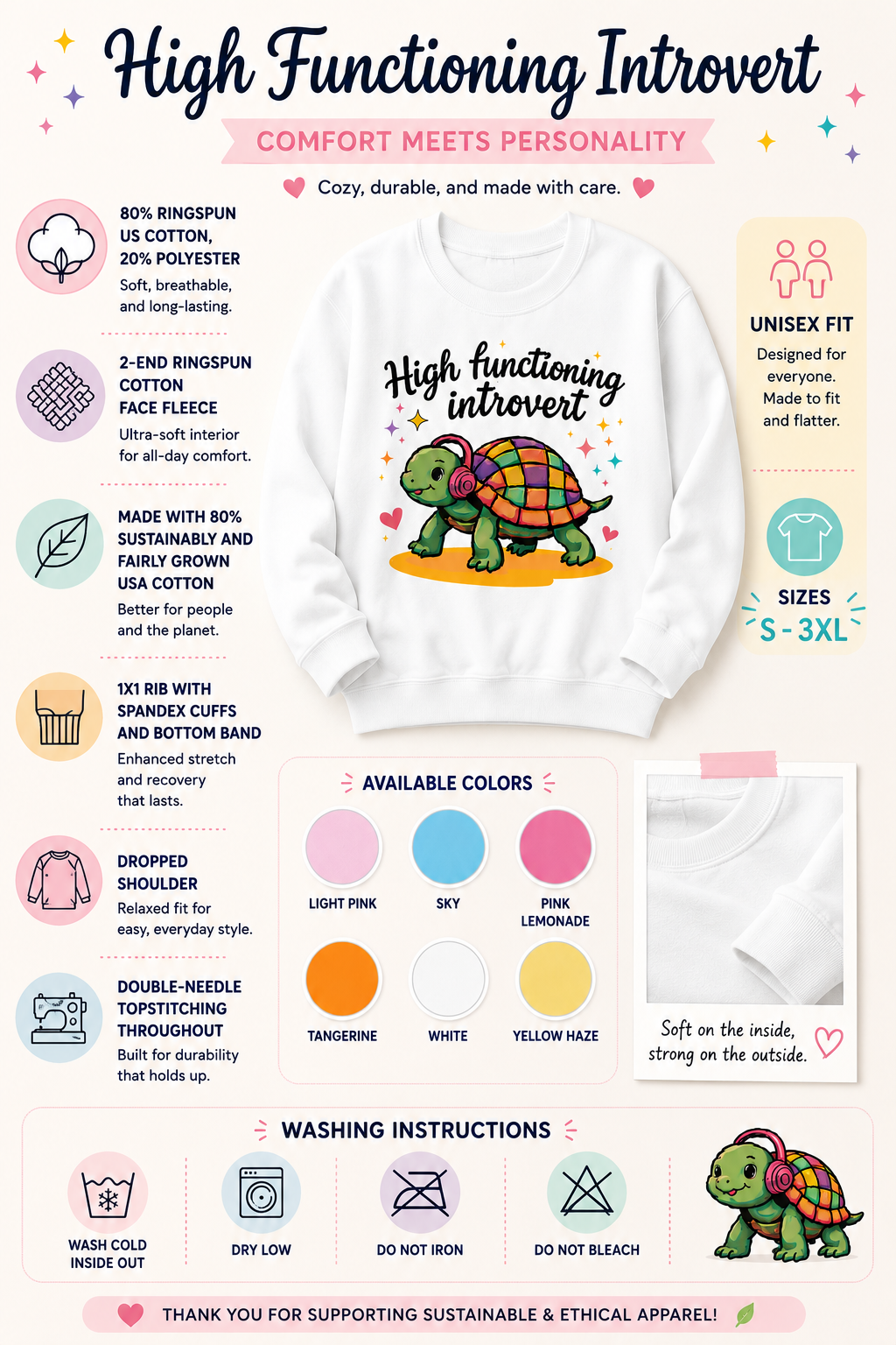 A promotional infographic for a baby bodysuit featuring a cartoon turtle with the text 'High Functioning Introvert'. The graphic includes product details, sizing, washing instructions, and available colors on a light pink background.