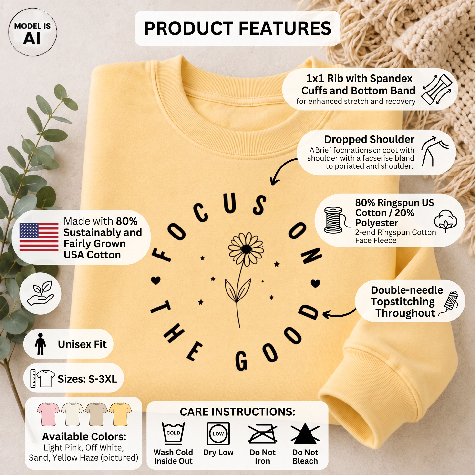 A pale yellow crewneck sweatshirt laid flat on a beige fabric background, surrounded by product feature callouts, care instructions, and available colors. The sweatshirt has a large black graphic reading 'FOCUS ON THE GOOD' with a flower and heart design.