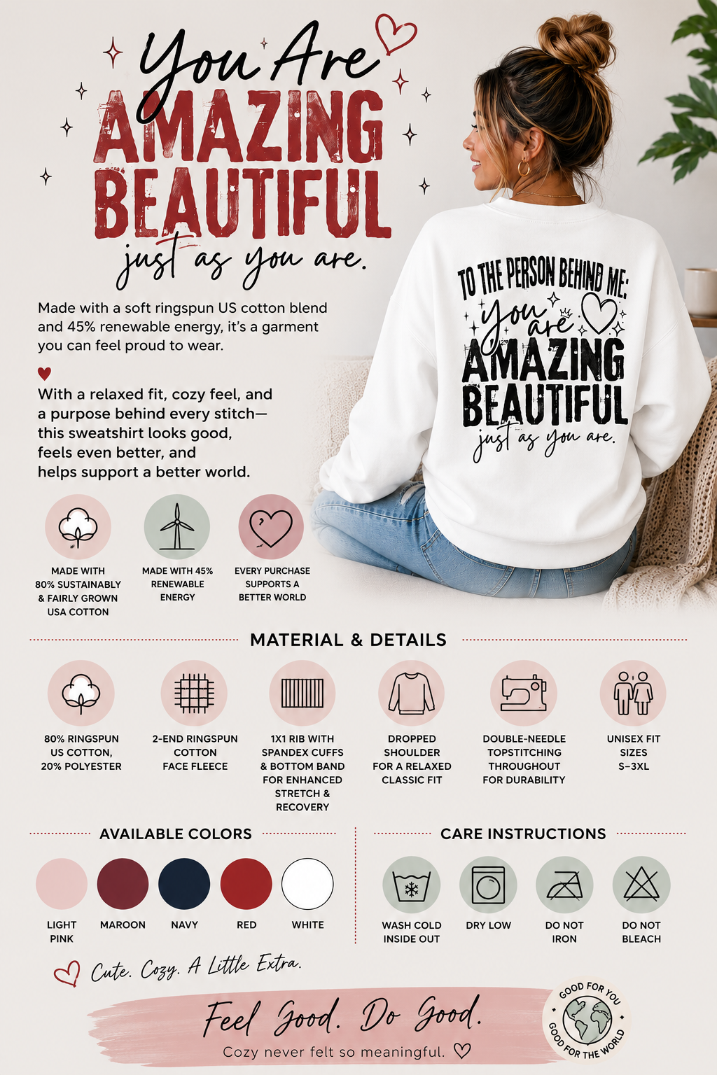 A promotional product graphic for a white graphic sweatshirt. The left side features marketing text, material details, available colors, and care instructions.