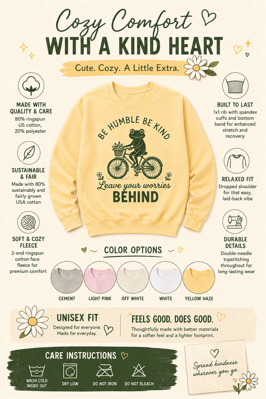 A promotional infographic for a light yellow graphic T-shirt. The center shows the shirt with a bear riding a bicycle and the text 'BE HUMBLE BE KIND Leave your worries BEHIND'.