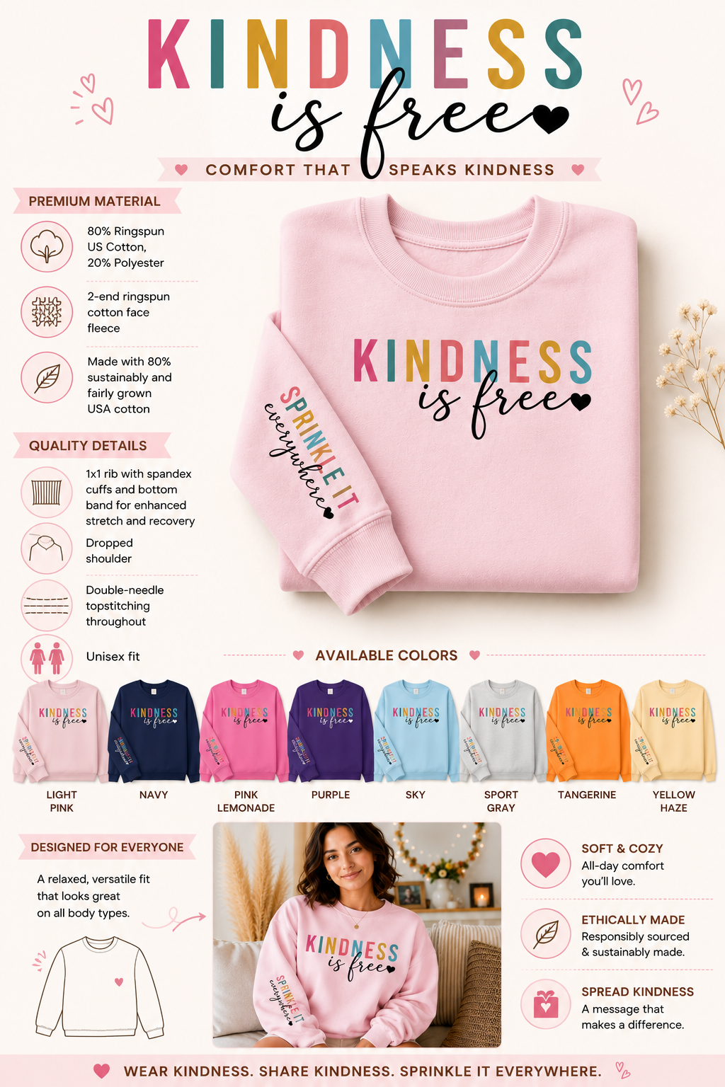 A promotional product graphic for a light pink long-sleeve sweatshirt with 'KINDNESS is free' printed on the front. The layout includes marketing text, icons, available color swatches, and a small model photo wearing the sweatshirt.