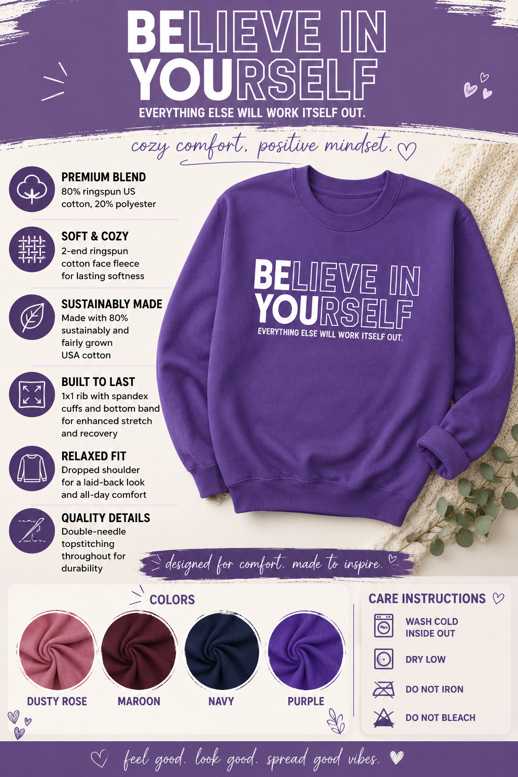 A purple crewneck sweatshirt with 'BELIEVE IN YOURSELF' printed on the front, presented on a styled flat-lay background with product features, color options, and care instructions.