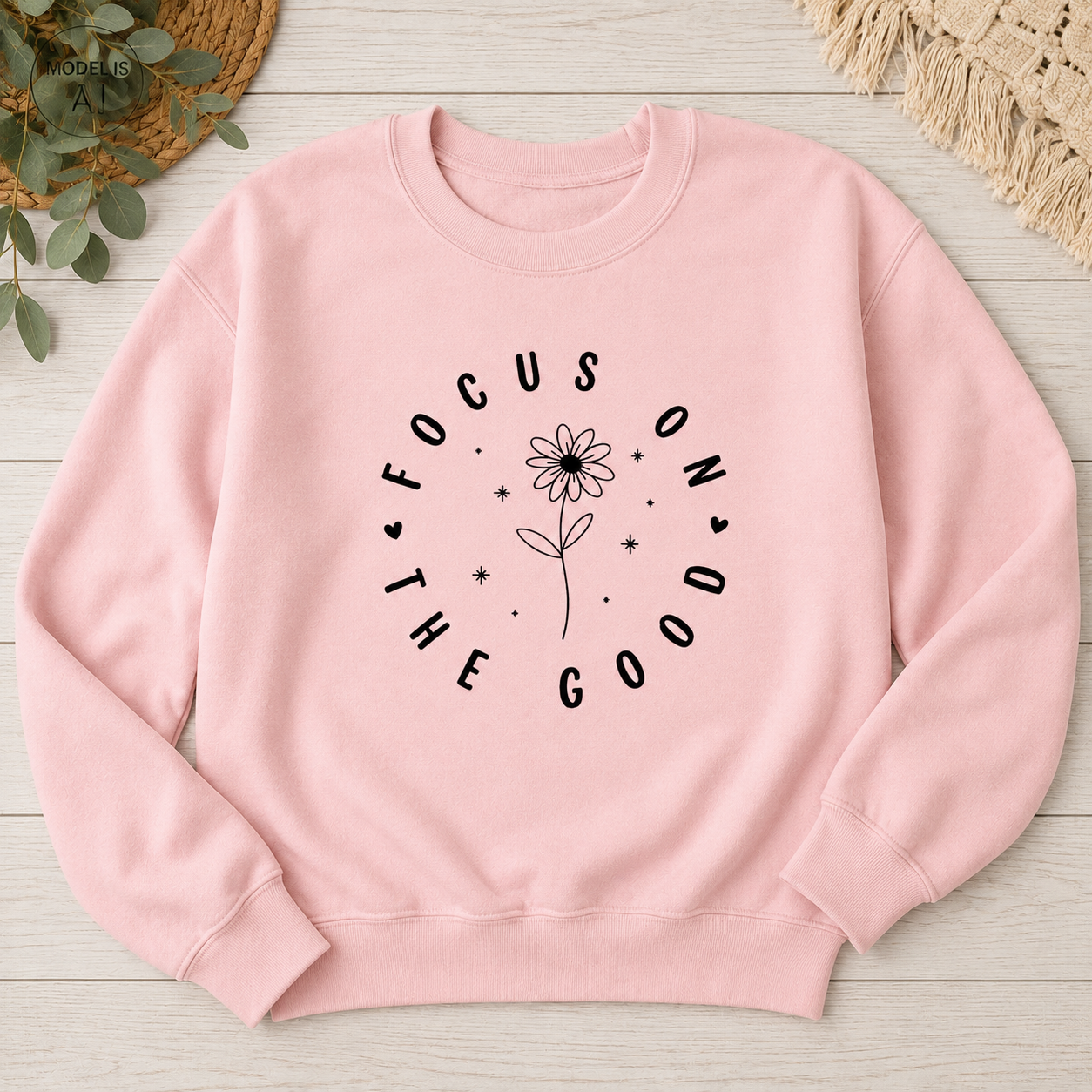 A light pink crewneck sweatshirt with a black graphic print on the front reading 'FOCUS ON THE GOOD' in a circular arrangement around a flower and small stars. The sweatshirt is laid flat on a light wood background with decorative props in the corners.
