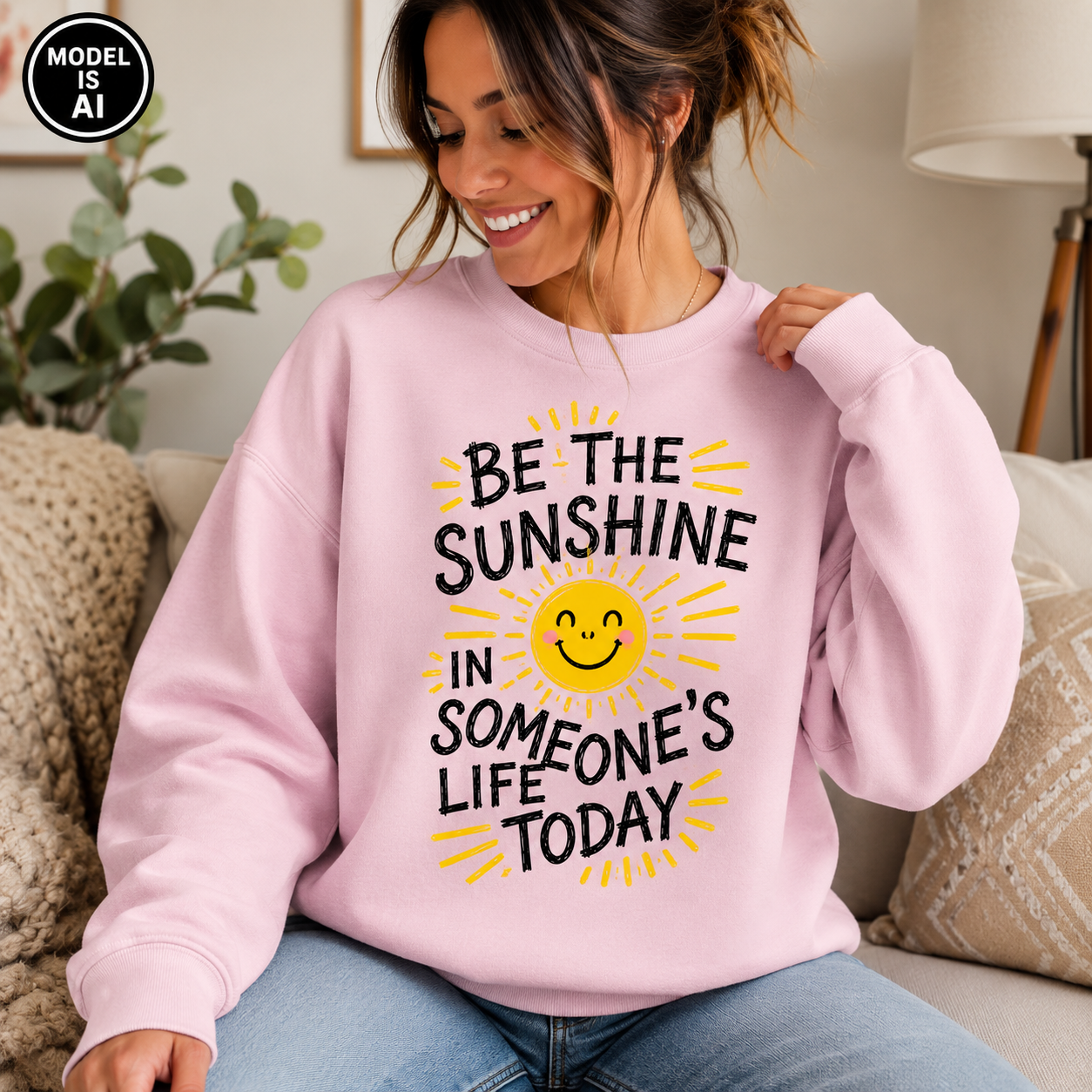 A woman wearing a light pink crewneck sweatshirt with a yellow smiley sun graphic and the text 'BE THE SUNSHINE IN SOMEONE'S LIFE TODAY' in black. She is sitting on a beige couch in a cozy living room setting.