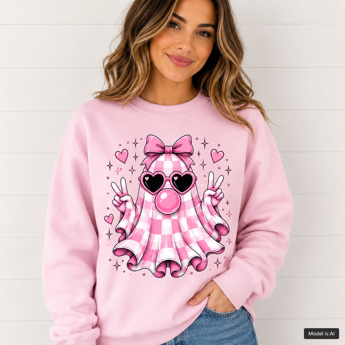 Female model wearing a light pink cute ghost sweatshirt featuring a pink gingham ghost with bow, heart sunglasses, bubblegum and peace signs.