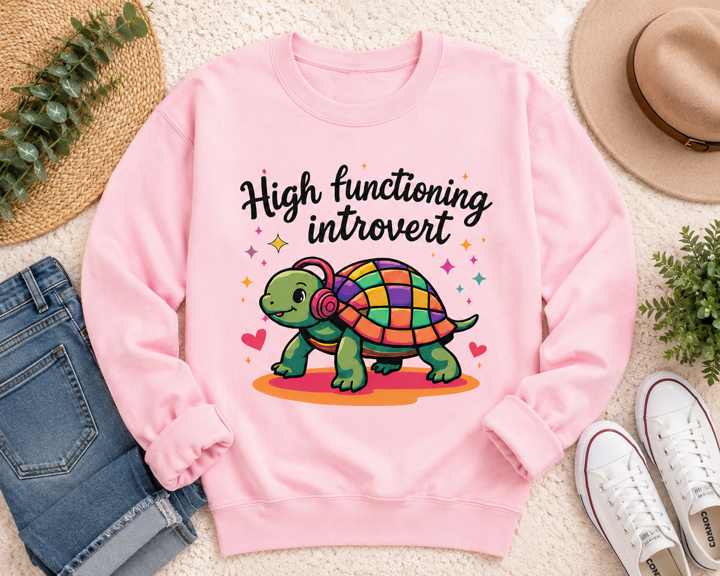 A pink crewneck sweatshirt laid flat on a cream textured surface, surrounded by jeans, a hat, shoes, and small plants. The sweatshirt has a colorful cartoon turtle graphic and the text 'High functioning introvert' printed on the front.