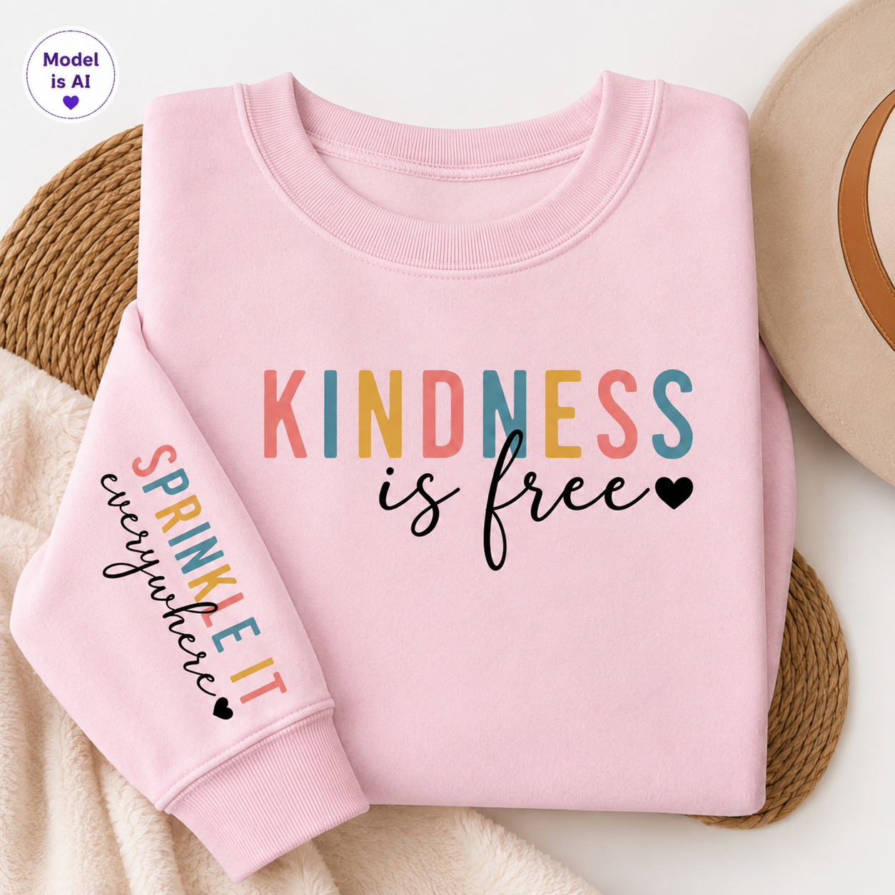 A folded light pink sweatshirt with the text 'KINDNESS is free' in multicolored and black lettering, shown on a styled flat-lay with a straw hat, cream fabric, and a circular 'Model is AI' badge.