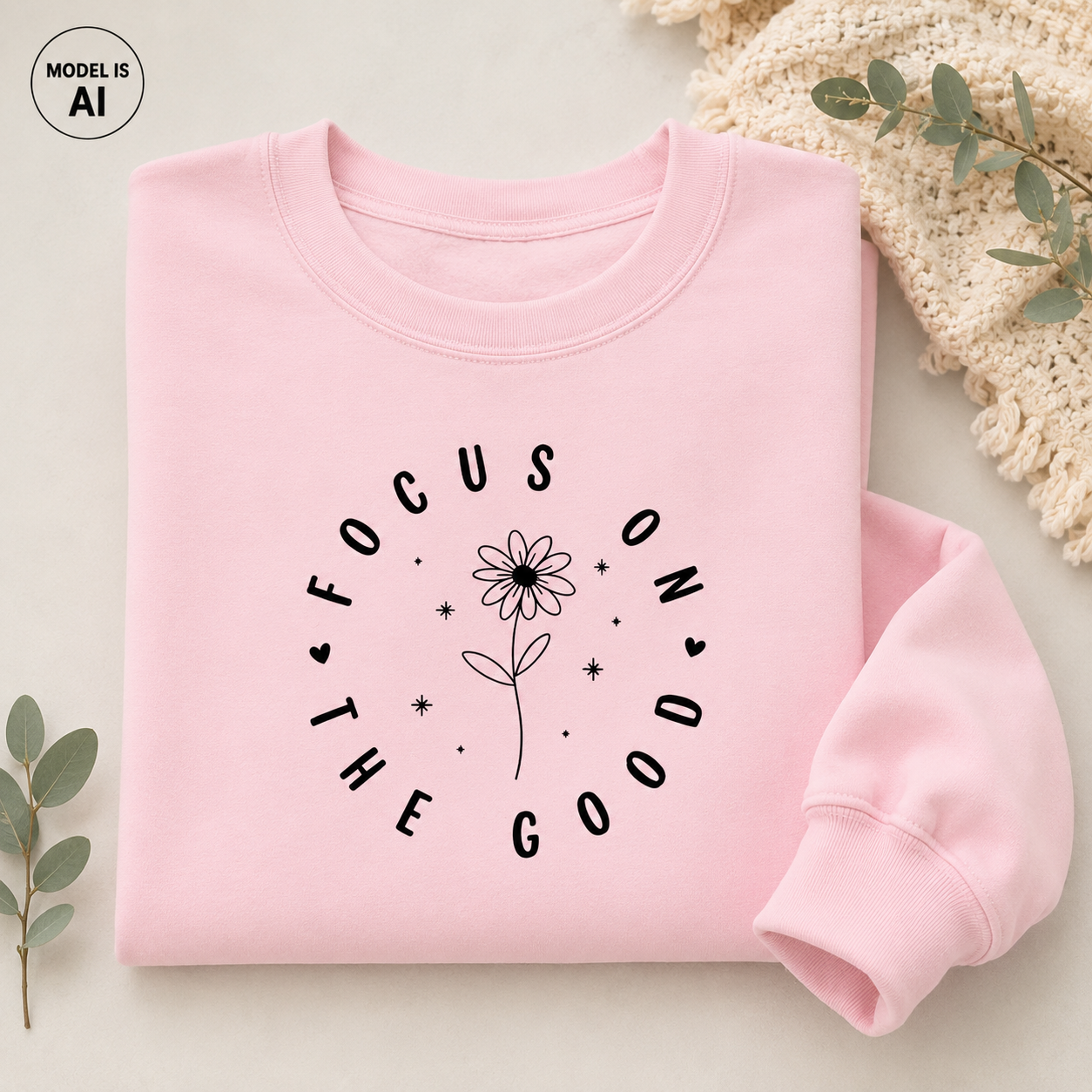 A folded light pink sweatshirt with a black graphic print reading 'FOCUS ON THE GOOD' around a daisy flower, styled on a light beige surface with decorative green leaves and a cream knit fabric.