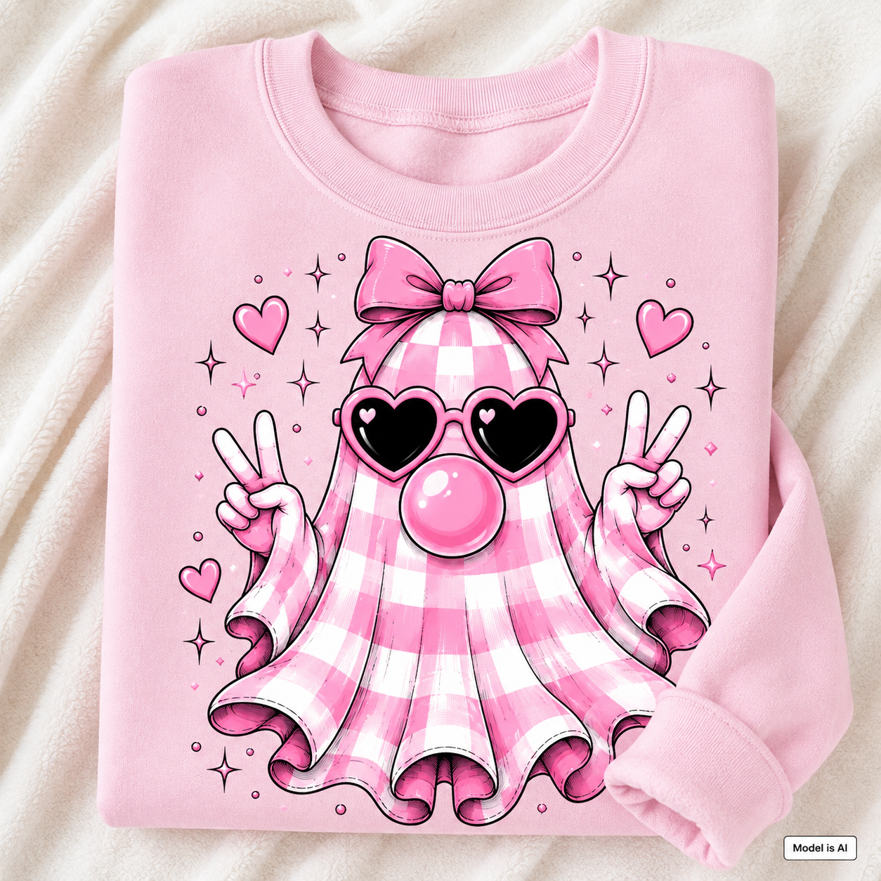 Folded light pink cute ghost sweatshirt featuring a pink gingham ghost with bow, heart sunglasses, bubblegum and peace signs.