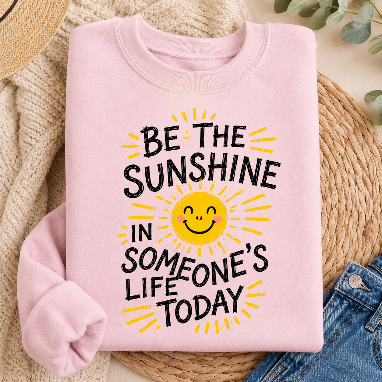 A folded light pink sweatshirt with a yellow smiley sun graphic and the text 'BE THE SUNSHINE IN SOMEONE'S LIFE TODAY' in black, styled on a woven mat with a knit blanket, eucalyptus leaves, and blue jeans visible around it.