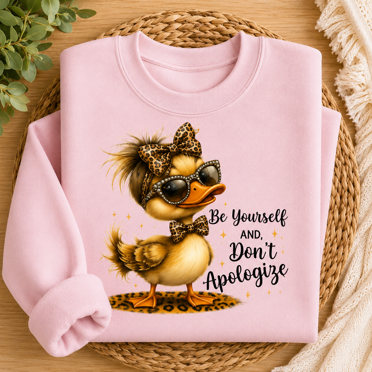 A folded light pink sweatshirt on a woven placemat over a wooden surface, featuring a graphic of a stylish duck wearing sunglasses and a leopard-print bow with the text 'Be Yourself AND, Don't Apologize'.