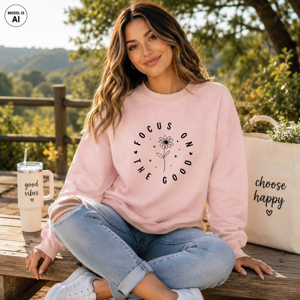 A woman sits on a wooden bench outdoors wearing a light pink crewneck sweatshirt with a black circular graphic that reads 'FOCUS ON THE GOOD'. She is wearing light blue ripped jeans and white sneakers.