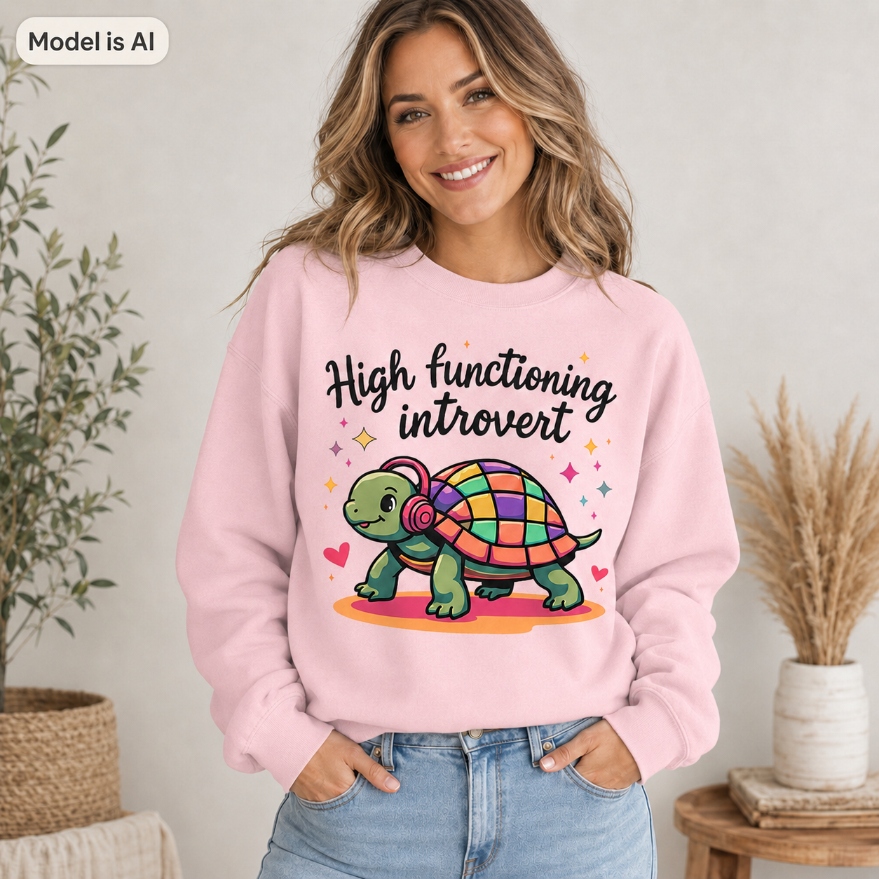 A woman wearing a light pink sweatshirt with a colorful graphic of a turtle and the text 'High functioning introvert'.