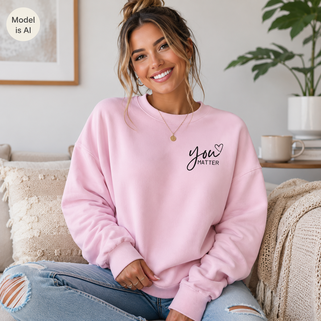 A woman sitting on a couch wearing a light pink crewneck sweatshirt with the text 'You MATTER' printed in black script on the left chest. The image is set in a cozy, brightly lit living room with a plant, a mug, and a textured throw blanket.