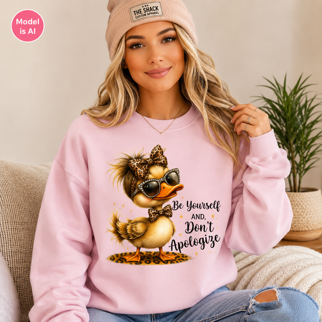 A woman wearing a light pink sweatshirt with a graphic of a stylish duck wearing sunglasses and a bow tie, next to the text 'Be Yourself AND, Don't Apologize'. She is also wearing a pink beanie with a 'THE SHACK' brand label.