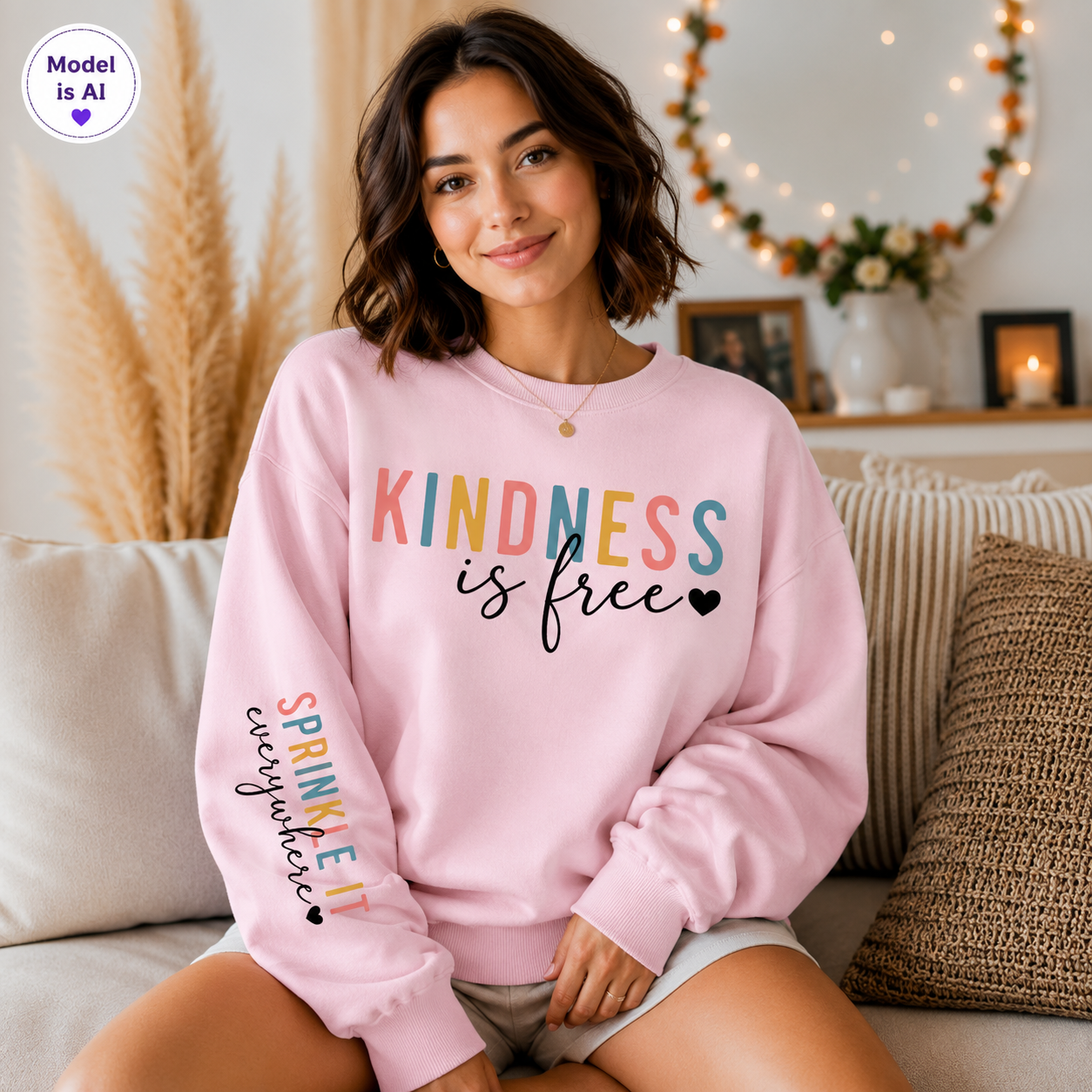 A woman sitting on a couch wearing a light pink crewneck sweatshirt with the text 'KINDNESS is free' across the chest and 'SPRINKLE everywhere' printed on the sleeve. The background shows a cozy living room setting with a pampas grass plant and warm string lights.