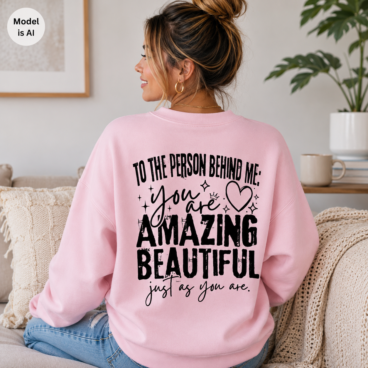 A woman seated on a couch wearing a light pink crewneck sweatshirt with a large black printed message on the back. The text reads, 'TO THE PERSON BEHIND ME: you are AMAZING BEAUTIFUL just as you are.