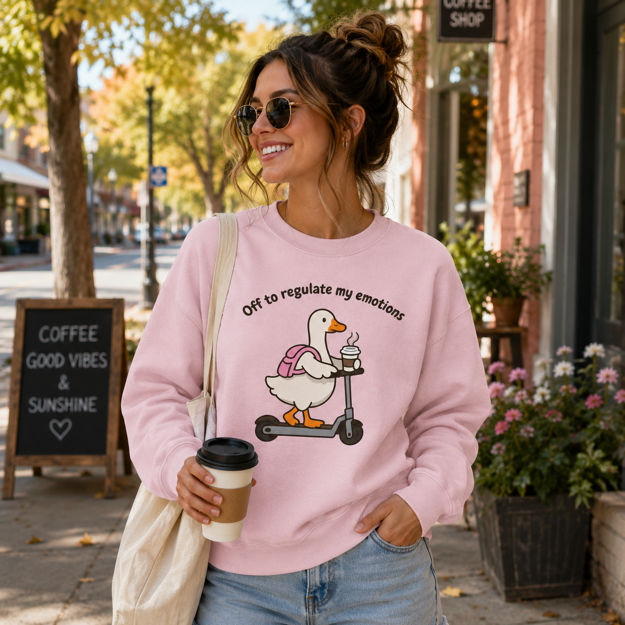 A woman wearing a light pink crewneck sweatshirt with a cartoon duck on a scooter graphic and the text 'Off to regulate my emotions' stands on a city sidewalk holding a coffee cup and tote bag.