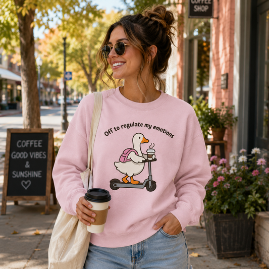 A woman wearing a light pink crewneck sweatshirt with a cartoon duck on a scooter graphic and the text 'Off to regulate my emotions' stands on a city sidewalk holding a coffee cup and tote bag.