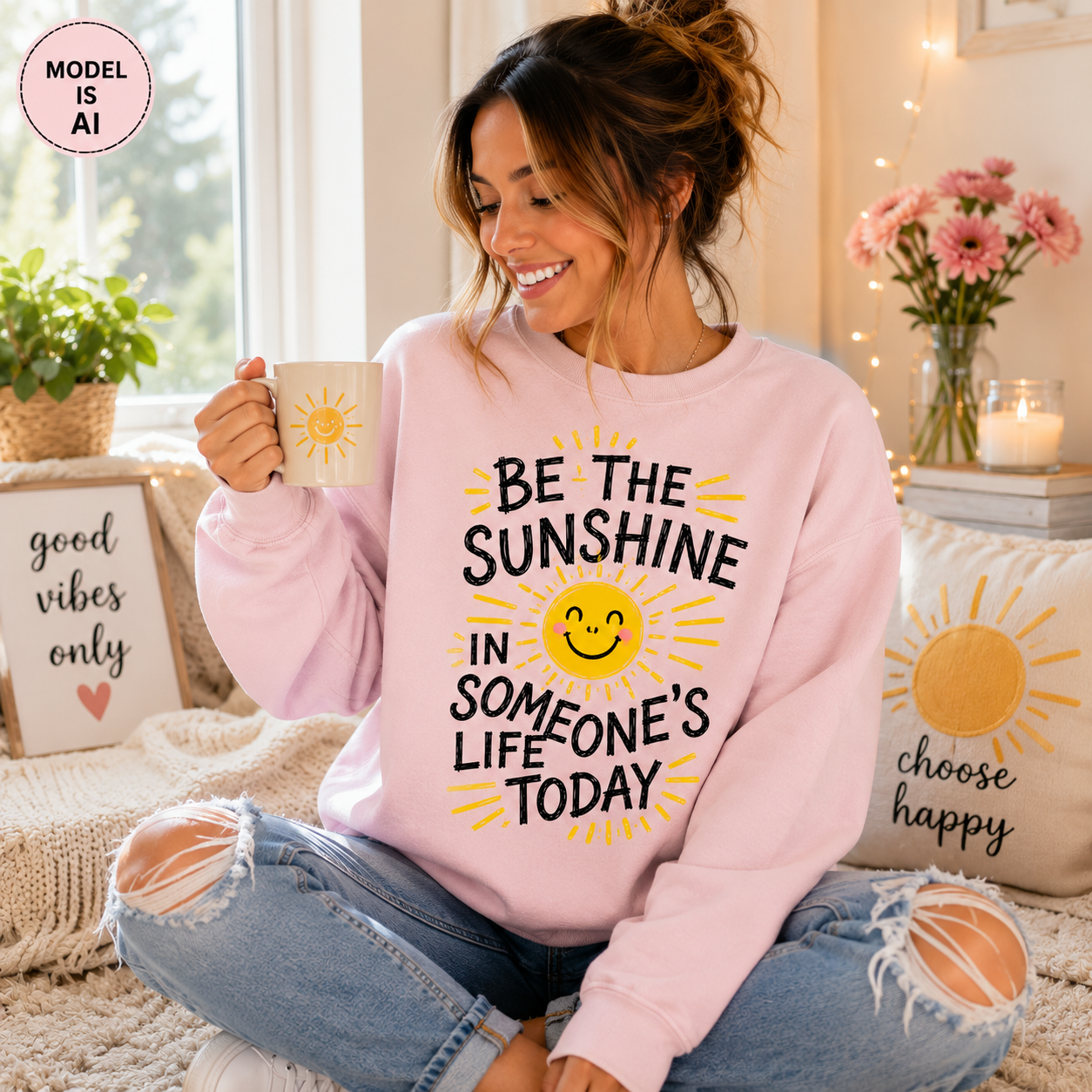 A woman sitting cross-legged in a cozy room wears a light pink sweatshirt with a yellow sun graphic and the text 'BE THE SUNSHINE IN SOMEONE'S LIFE TODAY.' She holds a mug, with pillows, flowers, and string lights in the background.