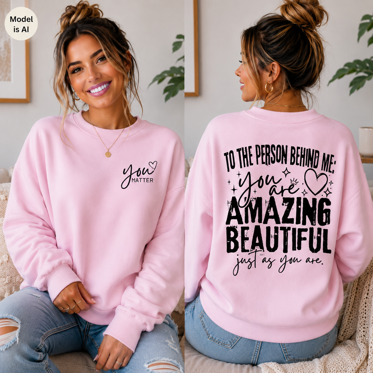 A woman shown from the front and back wearing a light pink crewneck sweatshirt with black text. The front reads 'you MATTER' with a small heart, and the back reads 'TO THE PERSON BEHIND ME: you are AMAZING BEAUTIFUL just as you are.