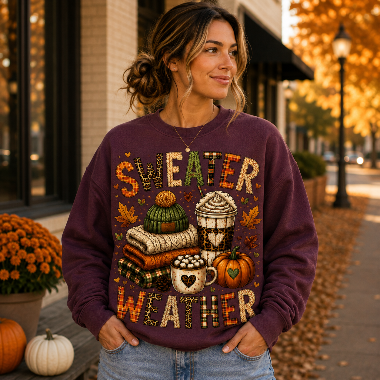 Maroon Sweater Weather sweatshirt with cozy fall graphic featuring sweaters, coffee drinks, pumpkin and autumn leaves