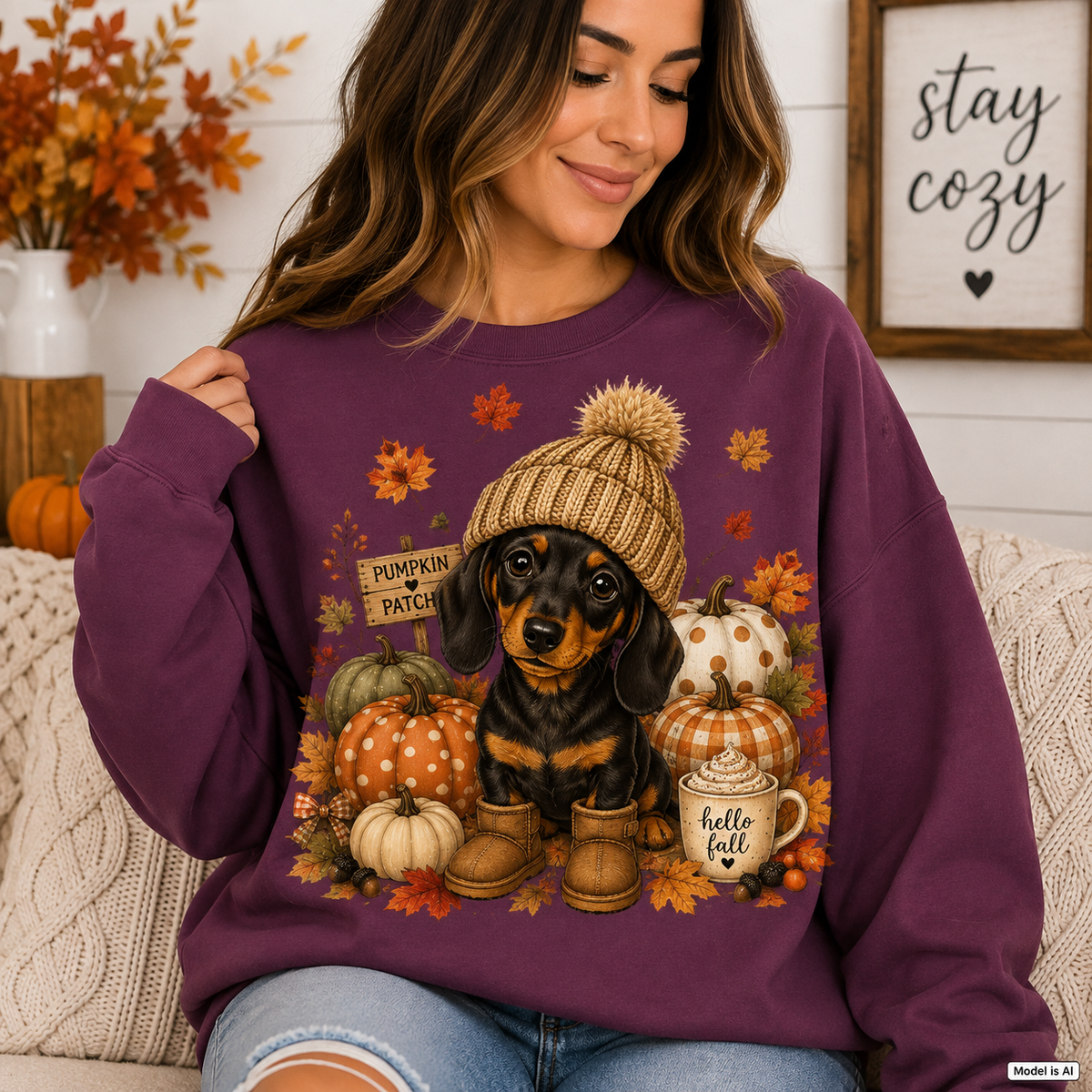 Woman wearing a Maroon Fall Dachshund Sweatshirt featuring a dachshund in a knit hat and boots surrounded by pumpkins and colorful autumn leaves.