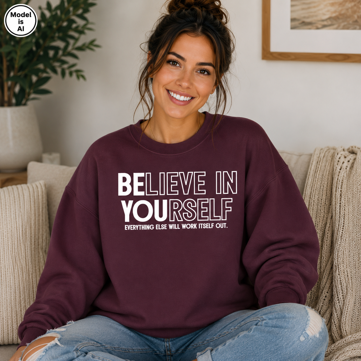 A smiling woman sits on a beige couch wearing a maroon sweatshirt with the white text 'BELIEVE IN YOURSELF' and 'EVERYTHING ELSE WILL WORK ITSELF OUT.' A small 'Model is AI' badge appears in the top-left corner.