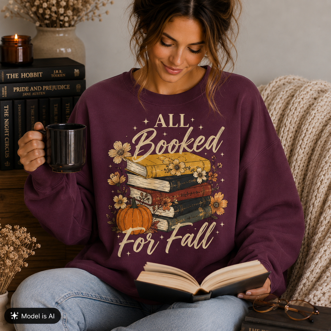Woman wearing a Maroon Fall Book Lover Sweatshirt with All Booked for Fall books and pumpkin graphic while reading with a coffee mug.