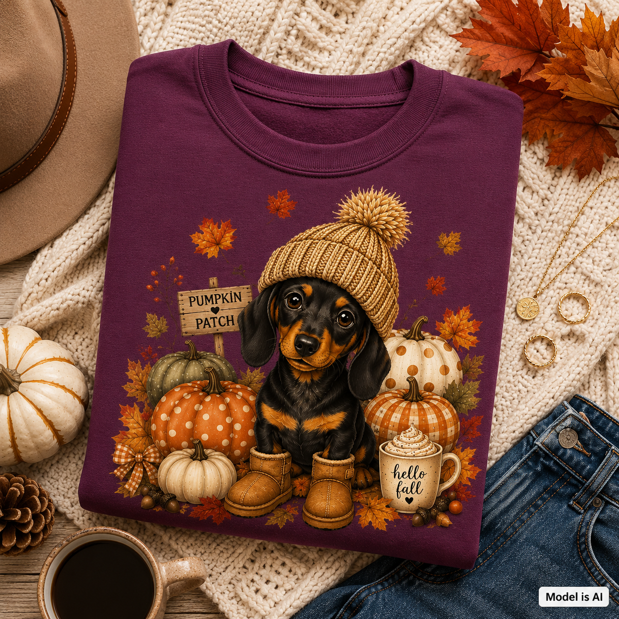 Folded Maroon Fall Dachshund Sweatshirt featuring a pumpkin patch dachshund with pumpkins, autumn leaves, knit hat, boots, and a hello fall mug.