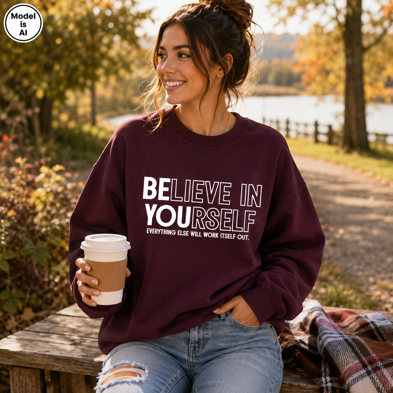 A woman sitting outdoors on a wooden bench in a park, wearing a maroon sweatshirt with the white text 'BELIEVE IN YOURSELF' and 'EVERYTHING ELSE WILL WORK ITSELF OUT.' She is holding a takeaway coffee cup.