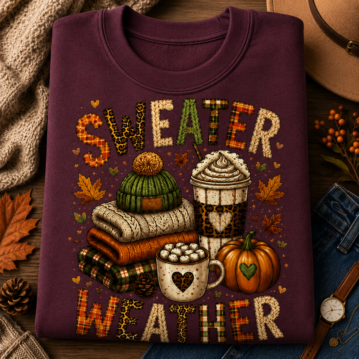Folded maroon Sweater Weather sweatshirt with cozy fall graphic featuring sweaters, coffee drinks, pumpkin and autumn leaves