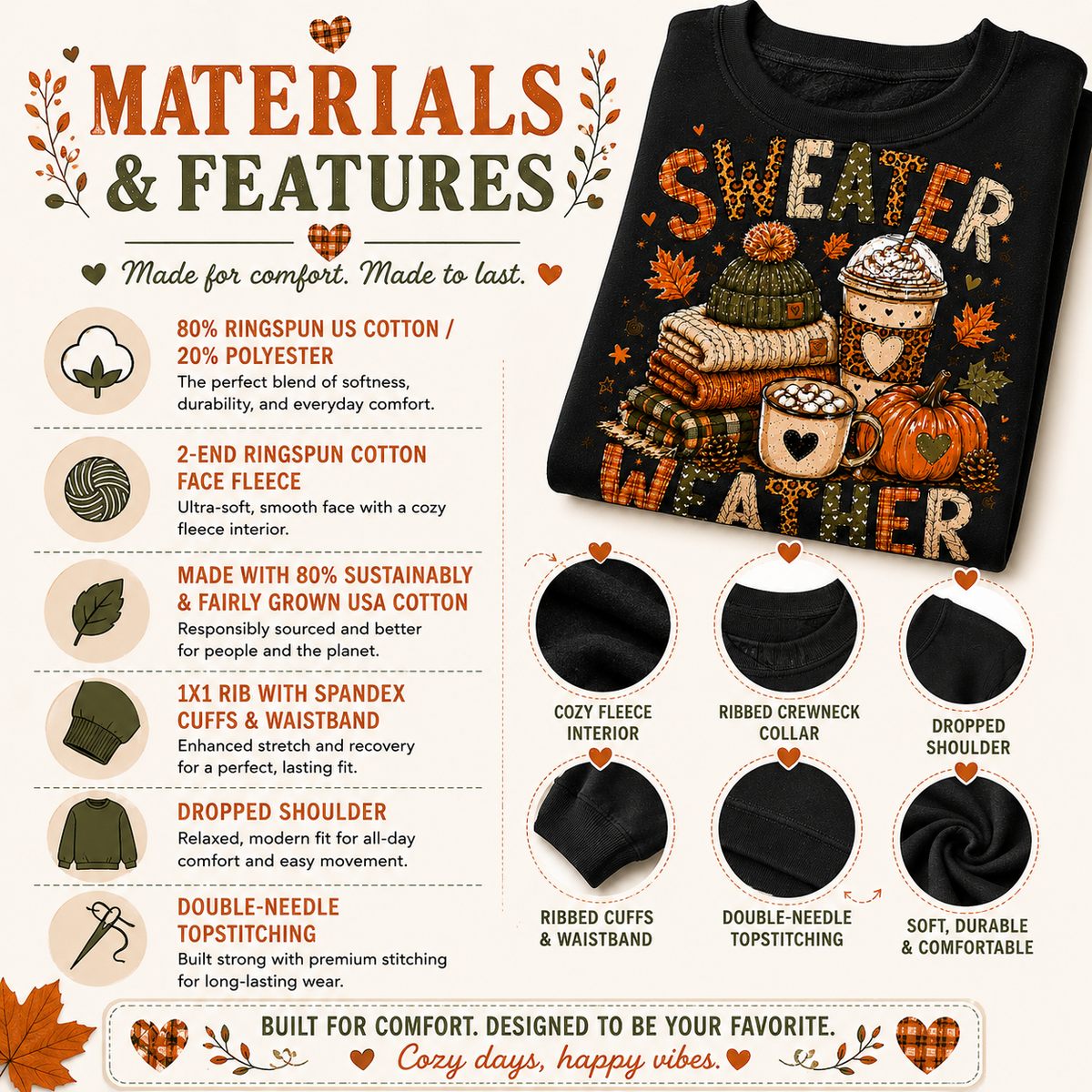 Sweater Weather sweatshirt materials and features guide with cotton polyester blend, soft fleece, ribbed cuffs and durable stitching