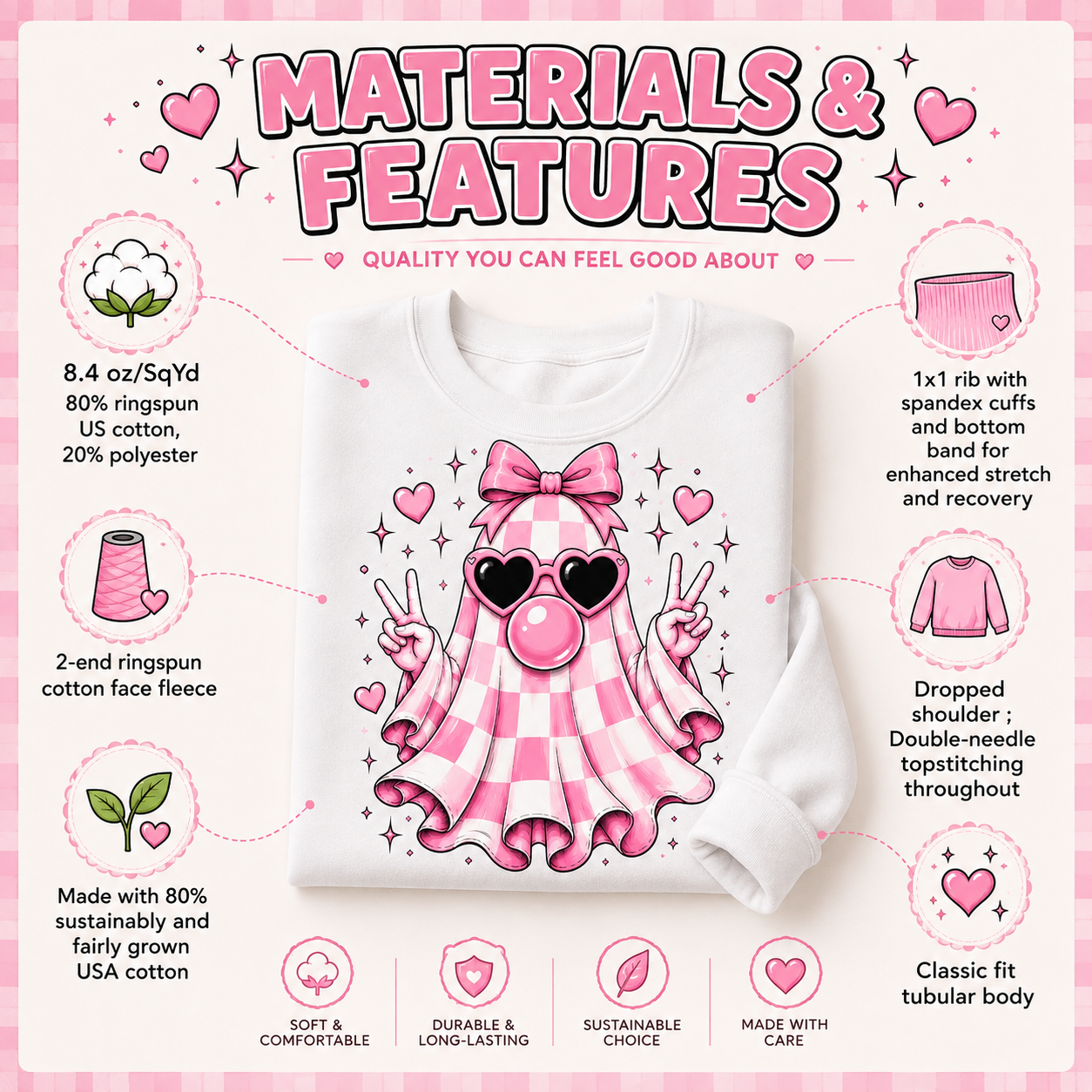 Materials and features guide for a pink gingham ghost sweatshirt showing 80% ringspun US cotton, 20% polyester fleece, ribbed cuffs, dropped shoulders and classic unisex fit.