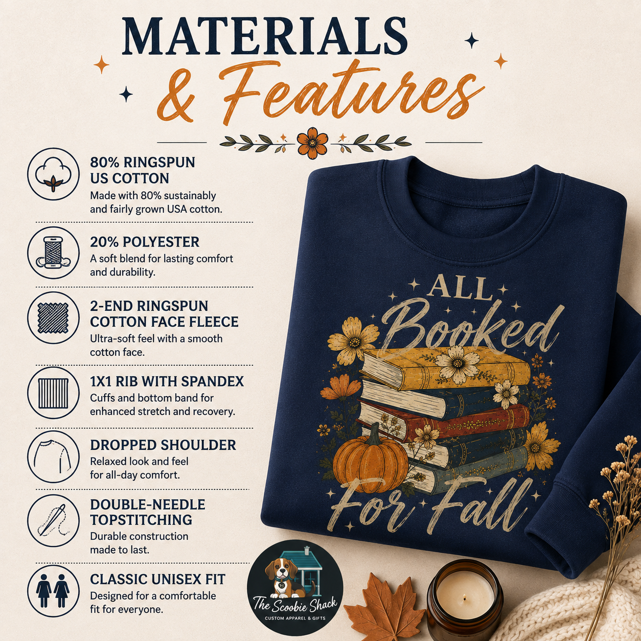 Fall Book Lover Sweatshirt materials and features guide showing 80% ringspun US cotton, 20% polyester, unisex fit and construction details.