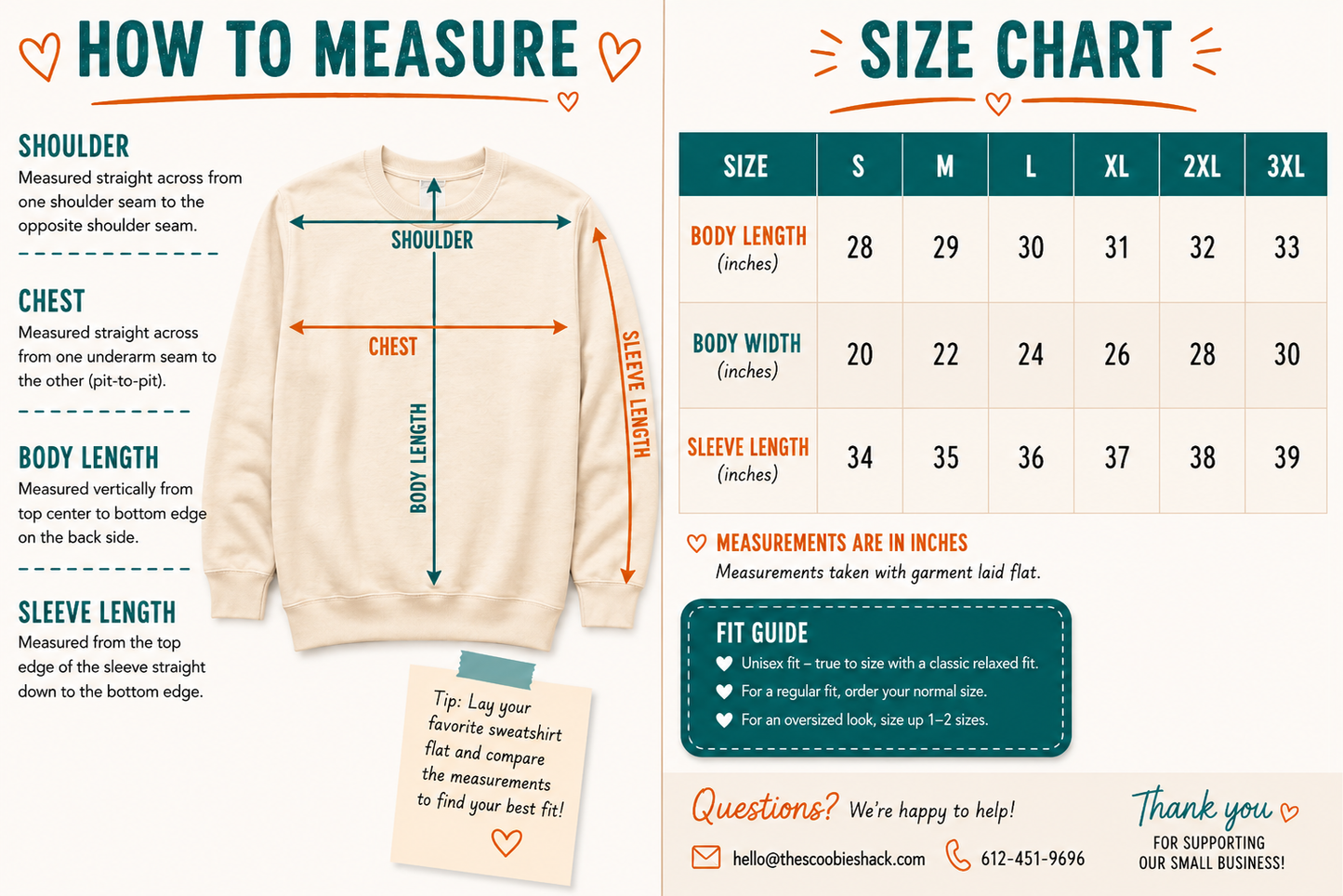 Sweatshirt size chart and measuring guide with body length, width, sleeve measurements, and unisex fit guidance for sizes S–3XL.