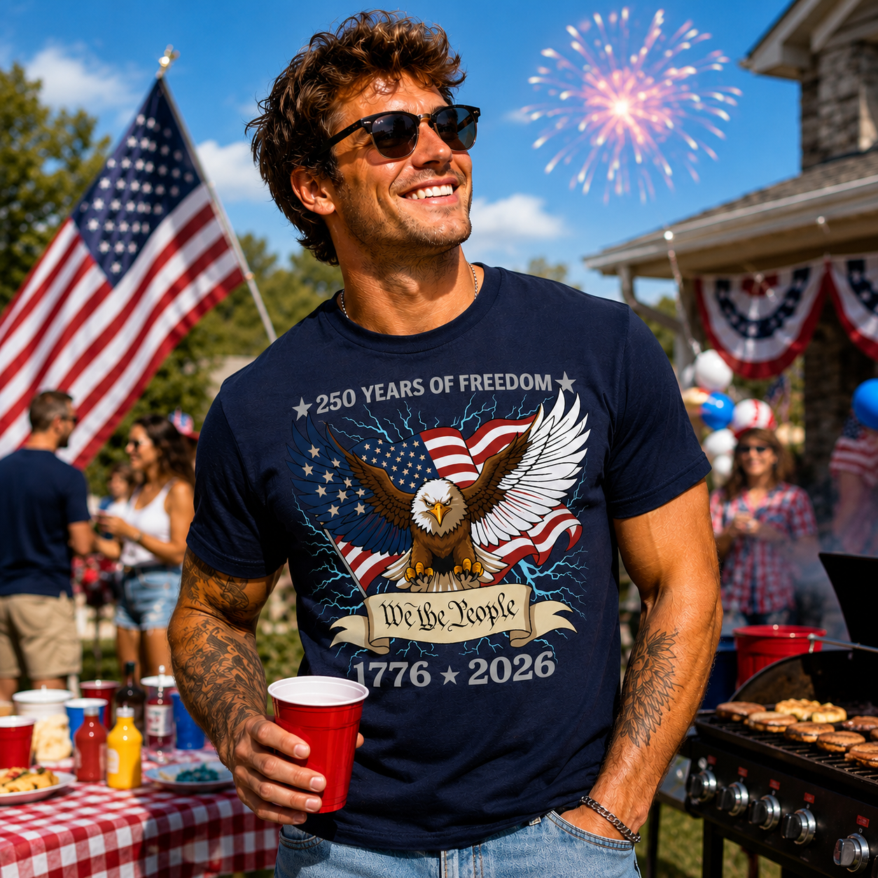 Man wearing a t-shirt with an eagle and American flag design, holding a red cup, with fireworks and an American flag in the background. The Scoobie Shack.