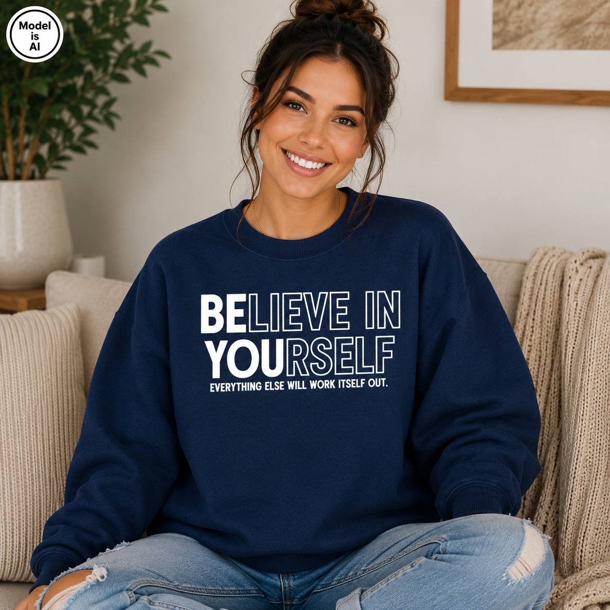 A woman sitting on a beige couch wearing a navy blue sweatshirt with the white text 'BELIEVE IN YOURSELF. EVERYTHING ELSE WILL WORK ITSELF OUT.