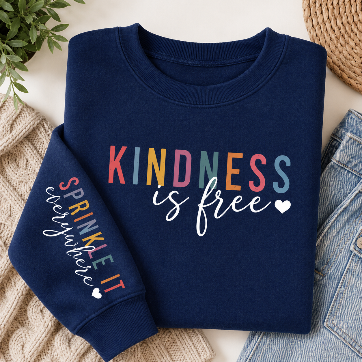 A navy blue crewneck sweatshirt laid flat on a light beige surface, styled with a knit sweater, jeans, a plant, and a woven mat. The sweatshirt features the text 'KINDNESS is free' in multicolored and white lettering on the front, and 'SPRINKLE IT everywhere' with a small white heart on the sleeve.