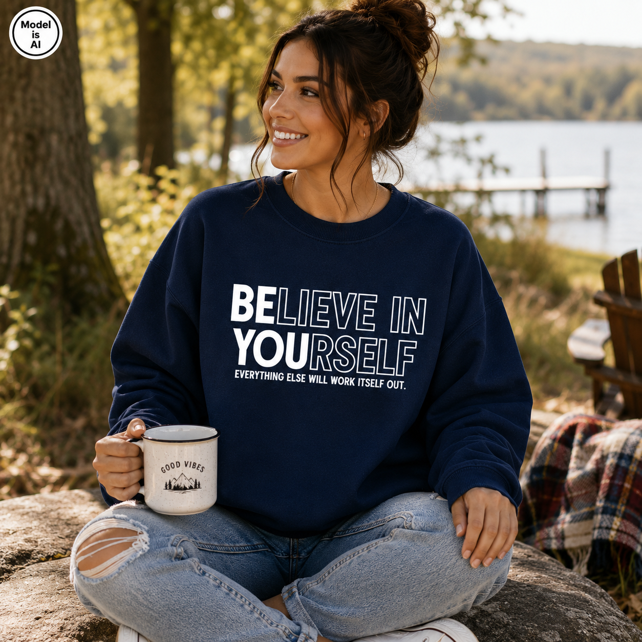 A woman sitting outdoors by a lake wears a navy blue sweatshirt with the white printed text 'BELIEVE IN YOURSELF' and 'EVERYTHING ELSE WILL WORK ITSELF OUT.' She is holding a white mug with 'GOOD VIBES' printed on it.