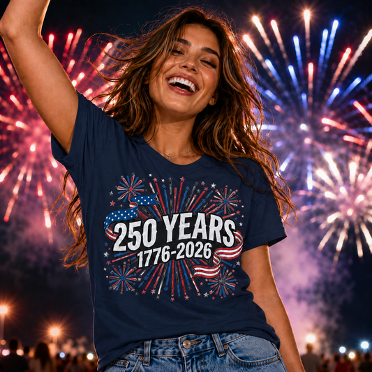 Woman wearing a t-shirt celebrating 250 years with fireworks in the background