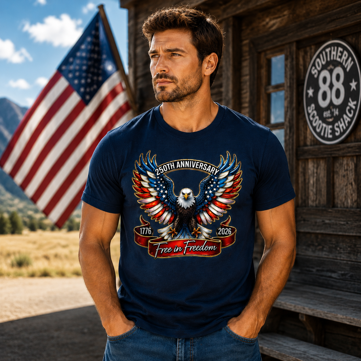 Man wearing a navy blue t-shirt with an eagle design in front of a wooden building and American flag.