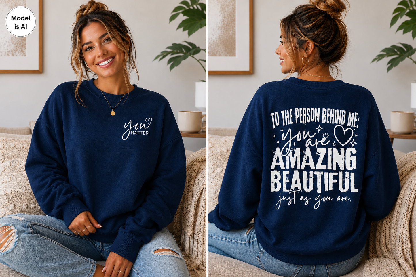 A navy blue crewneck sweatshirt shown on a woman in a split front-and-back view. The left panel shows the front with white script text reading 'you MATTER' and a small heart.