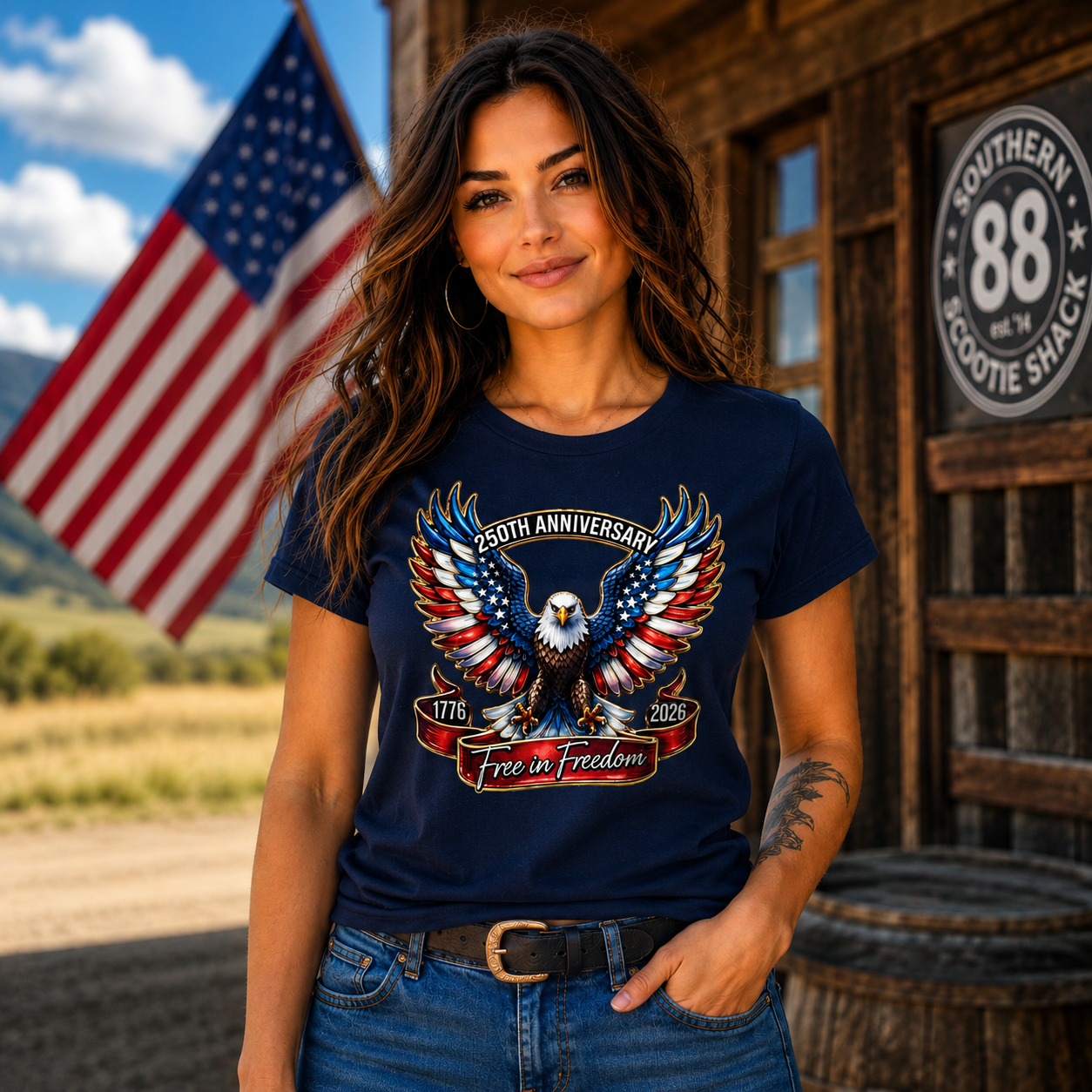 Woman wearing a blue t-shirt with an eagle design in front of a wooden building and American flag.