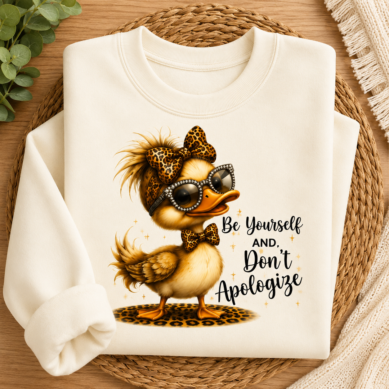 A folded cream sweatshirt displayed on a woven placemat over a wooden surface, featuring a graphic of a duck wearing leopard-print sunglasses, sunglasses, and a bow tie with the text 'Be Yourself AND, Don't Apologize'.