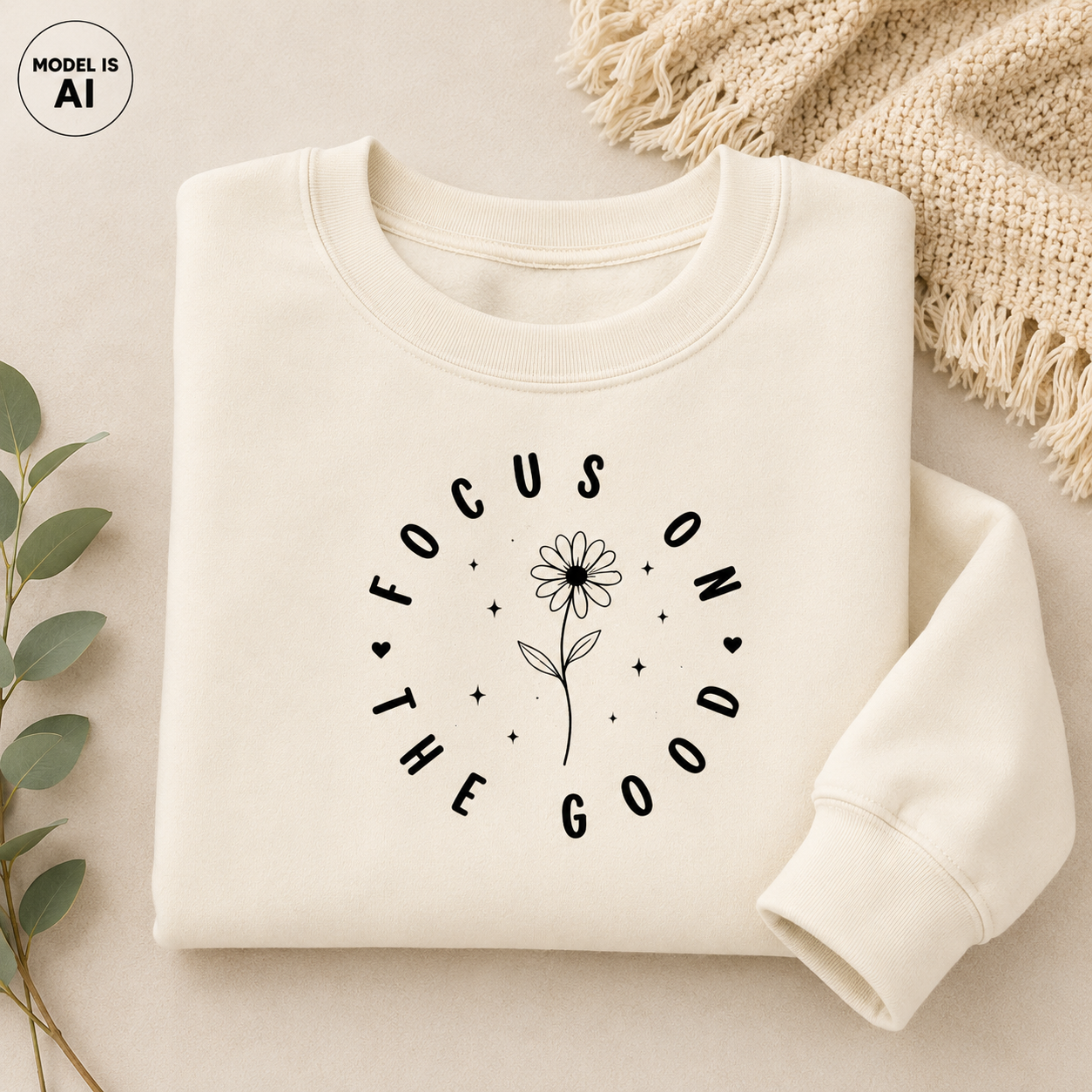A folded cream sweatshirt with a black graphic print reading 'FOCUS ON THE GOOD' around a daisy flower, styled on a beige surface with a knit blanket and green leaves.