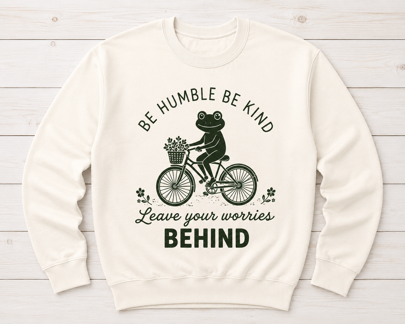 An off-white crewneck sweatshirt with a dark green graphic of a frog riding a bicycle with flowers, accompanied by the text 'BE HUMBLE BE KIND Leave your worries BEHIND'. The sweatshirt is displayed flat on a light wood plank background.
