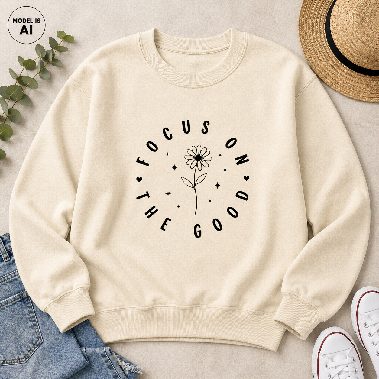 Cream-colored crewneck sweatshirt with a black graphic print reading 'FOCUS ON THE GOOD' around a flower, styled in a flat lay with jeans, a straw hat, white sneakers, and green leaves.